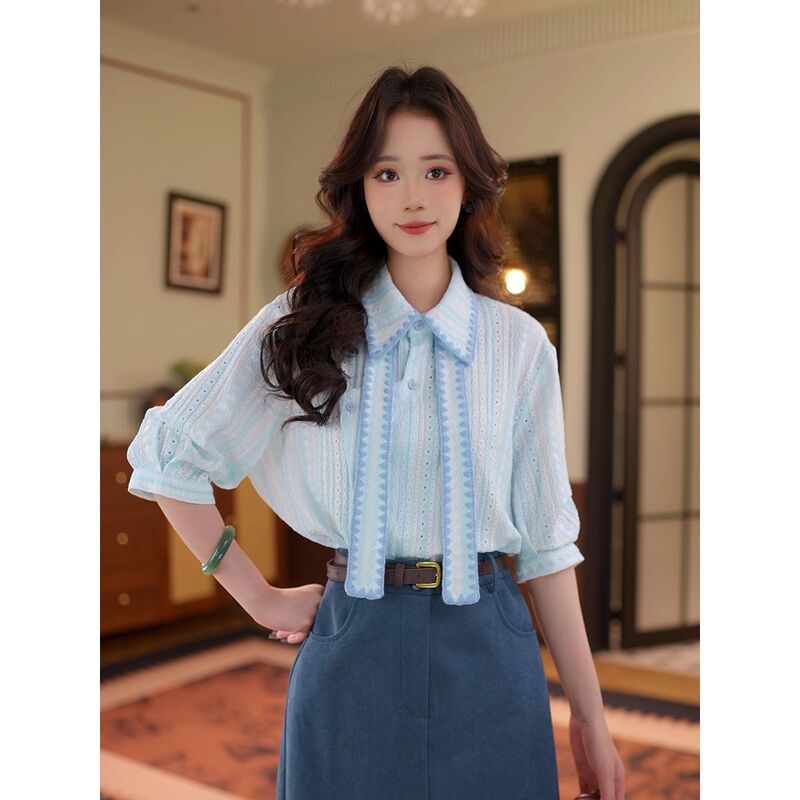 Textured Ribbon Short-Sleeved Shirt for Women, Summer Design Top, Niche Design, Hollowed-Out Lapel, Single-Breasted Textured Ribbon Short-Sleeved Shirt for Women, Summer Design Top, Niche Design, Hollowed-Out Lapel, Single-Breasted