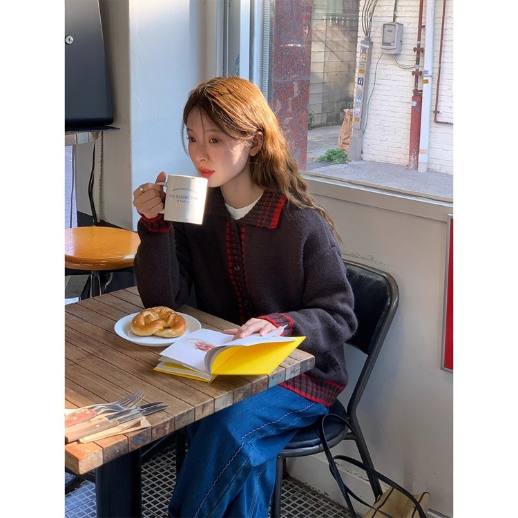菲欧娜的假日 复古撞色针织开衫女秋冬保暖毛衣|undefined