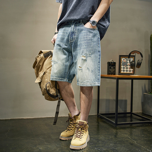 Summer Trendy Brand Ripped Denim Shorts Men's Straight Five-point Pants Retro Washed Loose Casual Pants