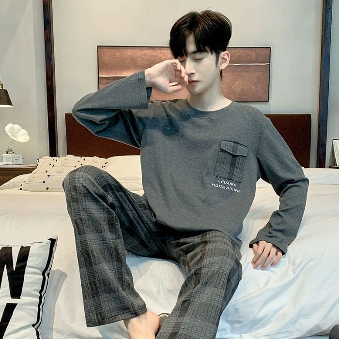 2023 Otoño e Invierno pijamas hombres con cuello en V manga larga traje suelto casual juventud hogar desgaste simple Traje a cuadros