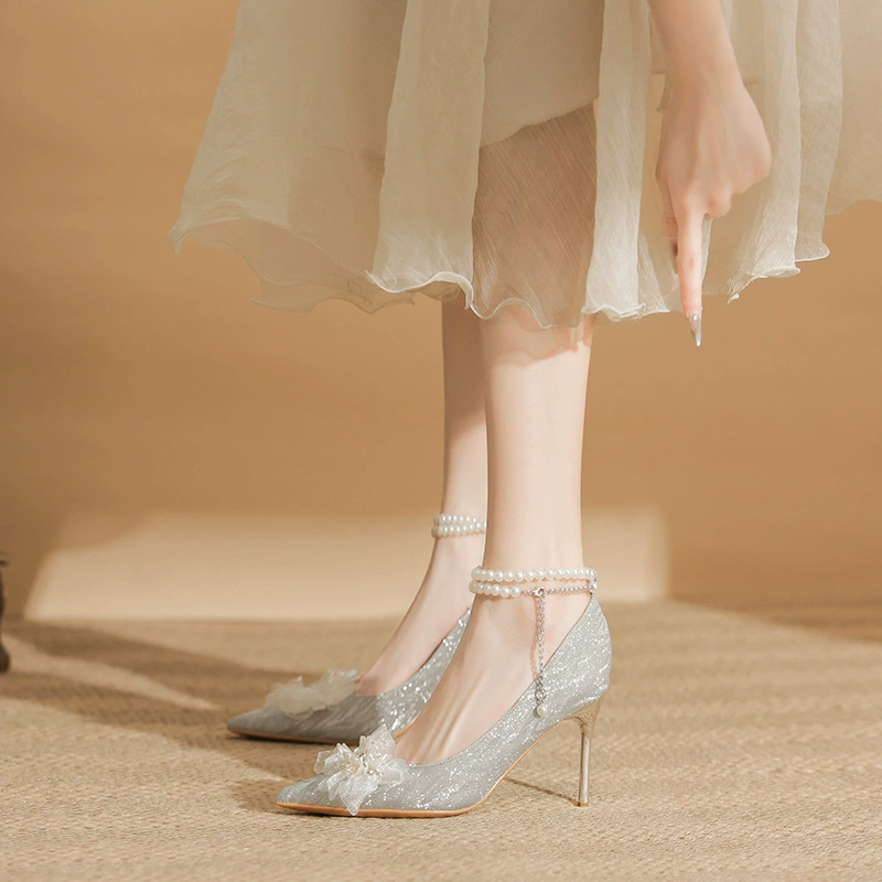 Обувь на высоком каблуке, серебряные туфли для невесты, 2024 года, 18 лет, качественный стиль.