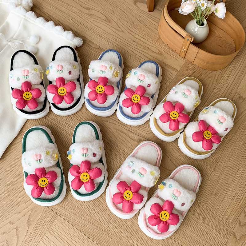 儿童拖鞋2025秋冬新款可爱花朵毛拖女童时尚平底男童室内保暖棉拖