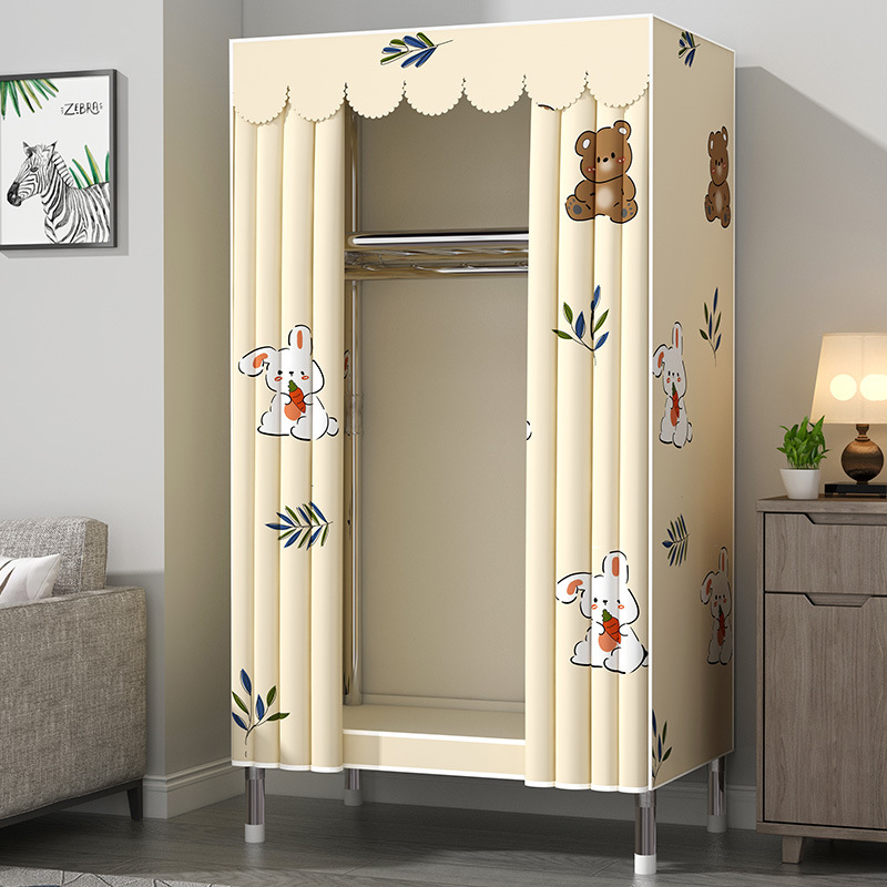 Single Wardrobe for Home Bedroom Rental, Simple Fabric Wardrobe with Thickened Steel Pipes, Economical Storage