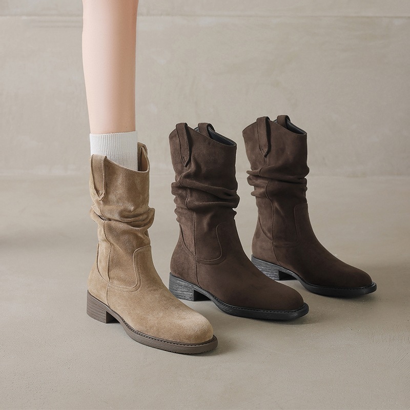 2025 Autumn New Retro Melad Western Cowboy Short For Women With Chunky Heels And Mid-Calf Martin Boots_voghion.com