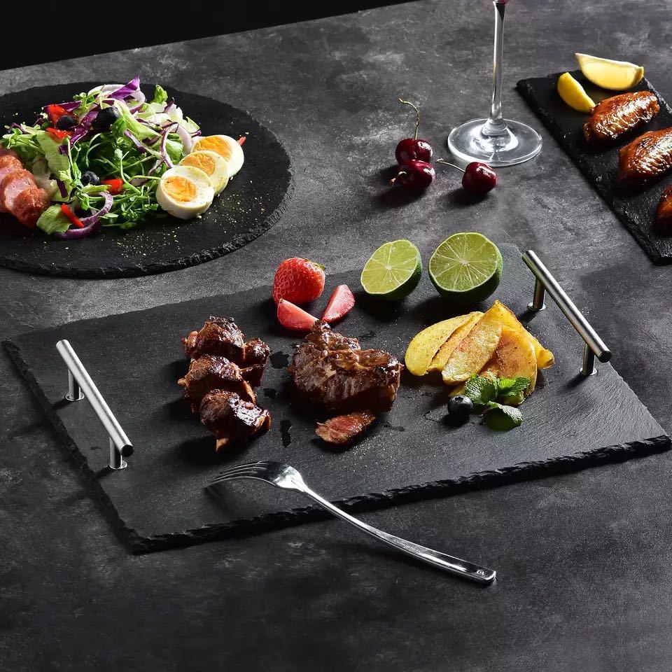 Placa de Roca Negra bandeja de mango japonés pizarra plato de sushi vajilla Placa de filete occidental placa de piedra al por mayor