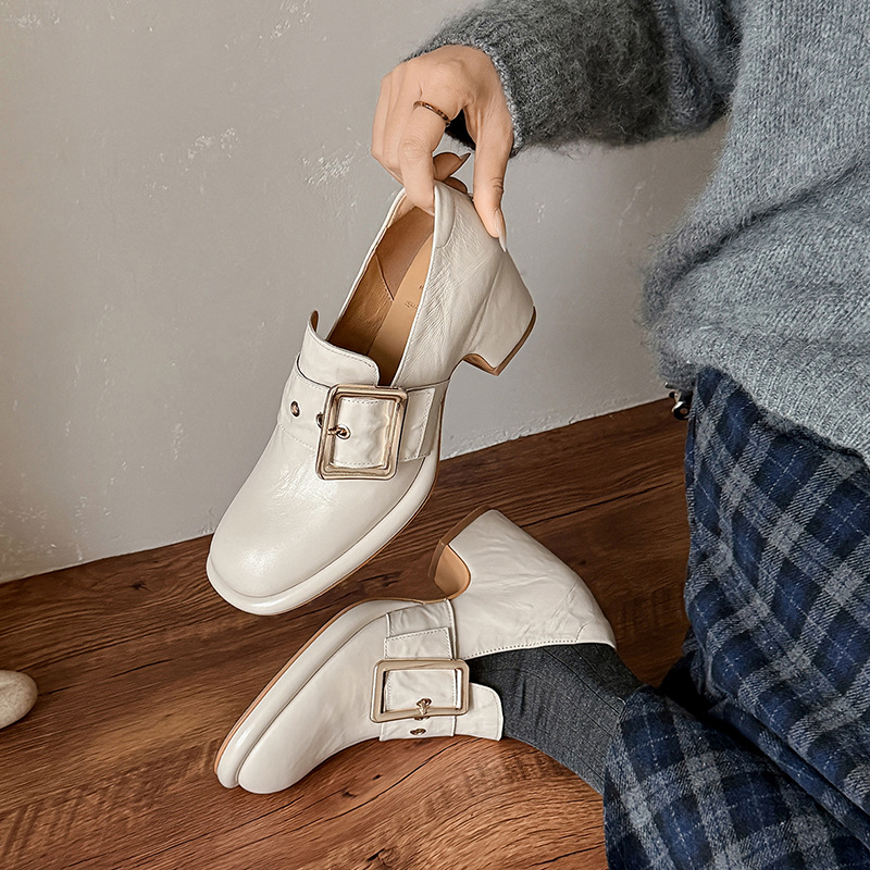 Giày cao gót nữ loafer da cừu gót vuông 7 cm — màu nâu