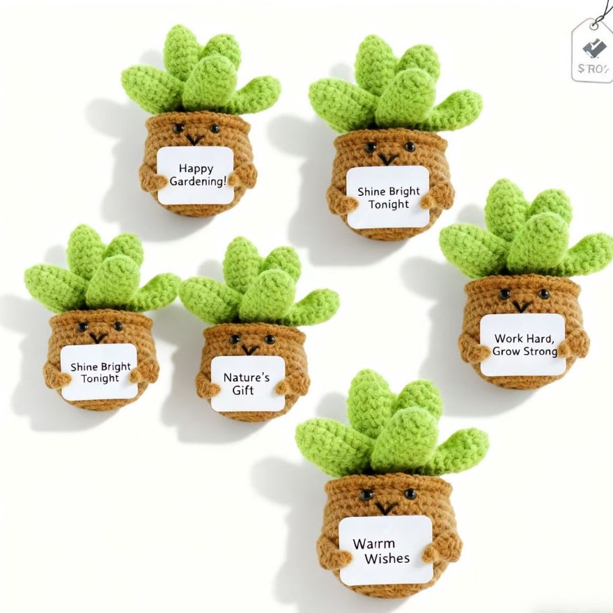 成品盆栽跨境植物卡片玩偶积极鼓励桌面摆件仿真花针织多肉盆栽花