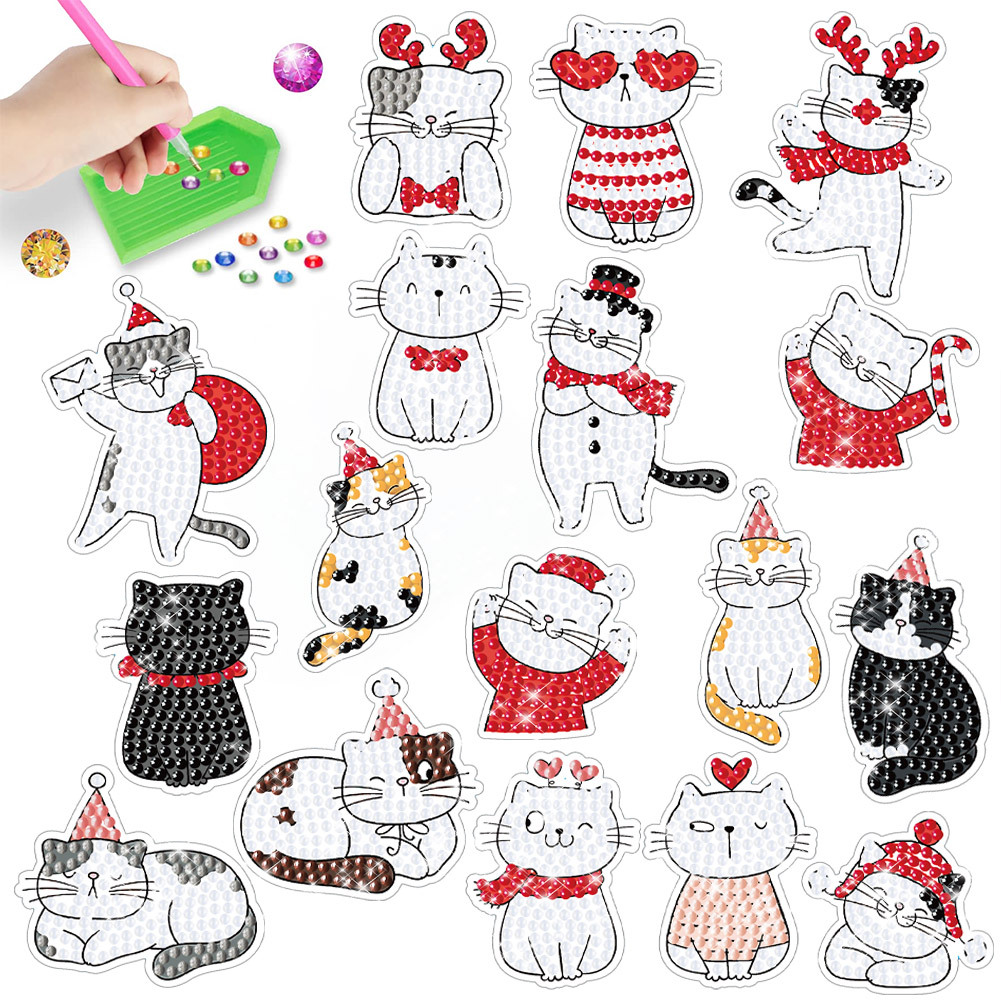 Venta caliente de la Navidad de dibujos animados gatito Diamante pintura libre pegatinas DIY pegatinas de ladrillo pegatinas de pared niños hechos a mano pegatinas de diamantes redondos