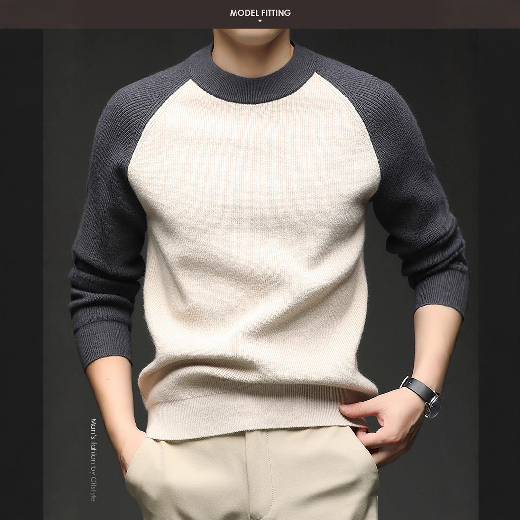 Suéter de cuello redondo de otoño y invierno comercio exterior delgado hombre casual top de color contrastante marca de tendencia camisa de punto