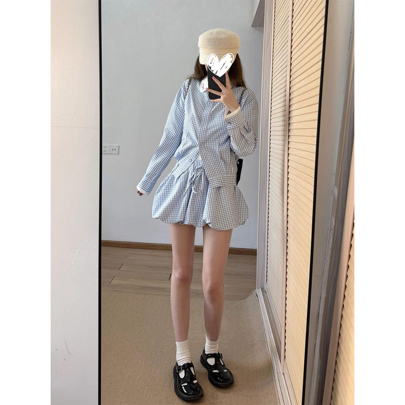 小众清冷感撞色蓝格子翻领长袖衬衫女2025新款花苞裙短裙两件套装|undefined
