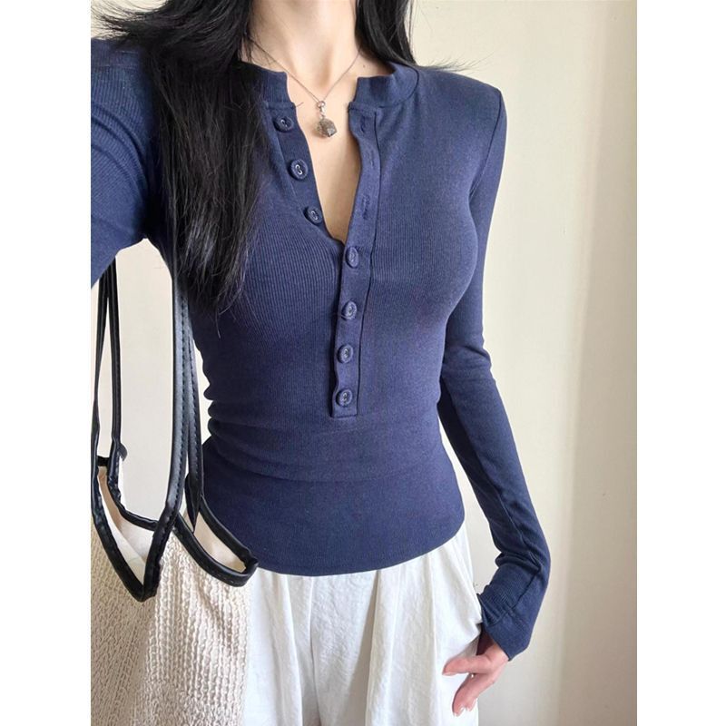Korean-Style Buttoned Half-Open Collar Long-Sleeve T-Shirt for Women, New Spring and Autumn Style, Pure Chic Temperament, Slim Fit, Waist-Cinching Inner Top Korean-Style Buttoned Half-Open Collar Long-Sleeve T-Shirt for Women, New Spring and Autumn Style, Pure Chic Temperament, Slim Fit, Waist-Cinching Inner Top