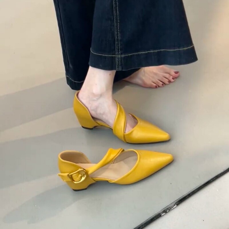 Fancui~French-Style Pointed-Toe Hidden Heel Side-Cut Mary Jane Shoes for Women, Versatile for Spring and Summer, Open-Toe Sandals for Outdoor Wear