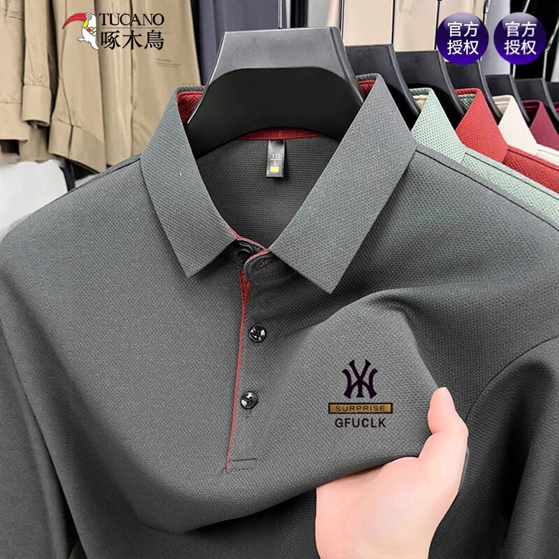 Woodpecker Autumn Men's Long-Sleeve T-Shirt, Middle-Aged Lapel Polo Shirt, Thin Casual Business Dad Style Base Shirt Woodpecker Autumn Men's Long-Sleeve T-Shirt, Middle-Aged Lapel Polo Shirt, Thin Casual Business Dad Style Base Shirt