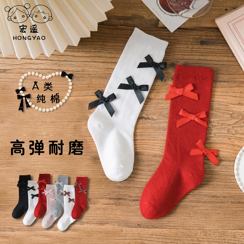 Miumiu, детские осенние гольфы с bows, цветные эластичные высокие сапоги, средней длины, западный стиль