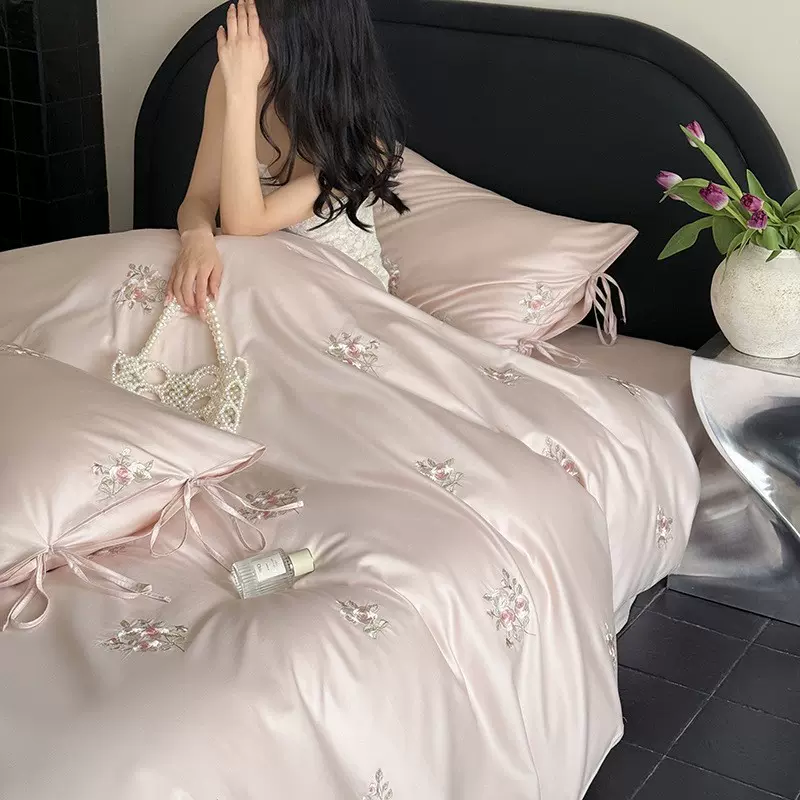80S长绒棉粉色少女心公主全棉贡缎四件套刺绣玫瑰花纯棉床上用品