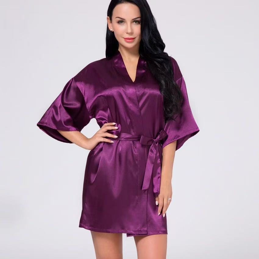 Women's Nightgown, Simulated Silk Satin Kimono Robe, Mid-Sleeve V Neck Burgundy Nightgown, Create a Lazy and Delicate Feel