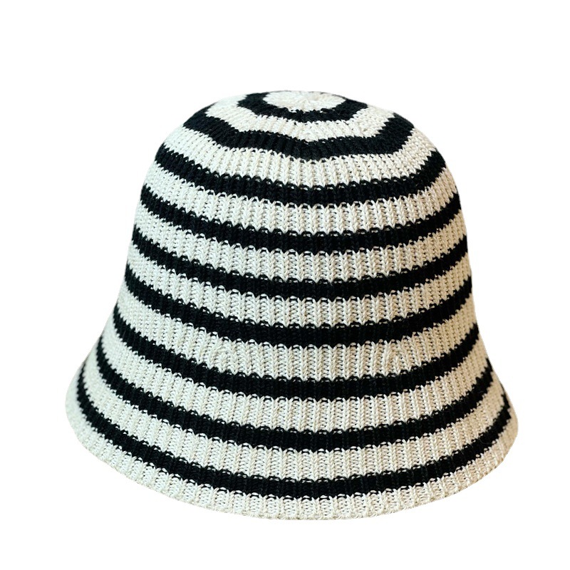 New Hat for Women's Casual Shopping Striped Fisherman Hat, Korean Version, Fashionable and Versatile Knitted Round Top Basin Hat, Foldable and Trendy_voghion.com