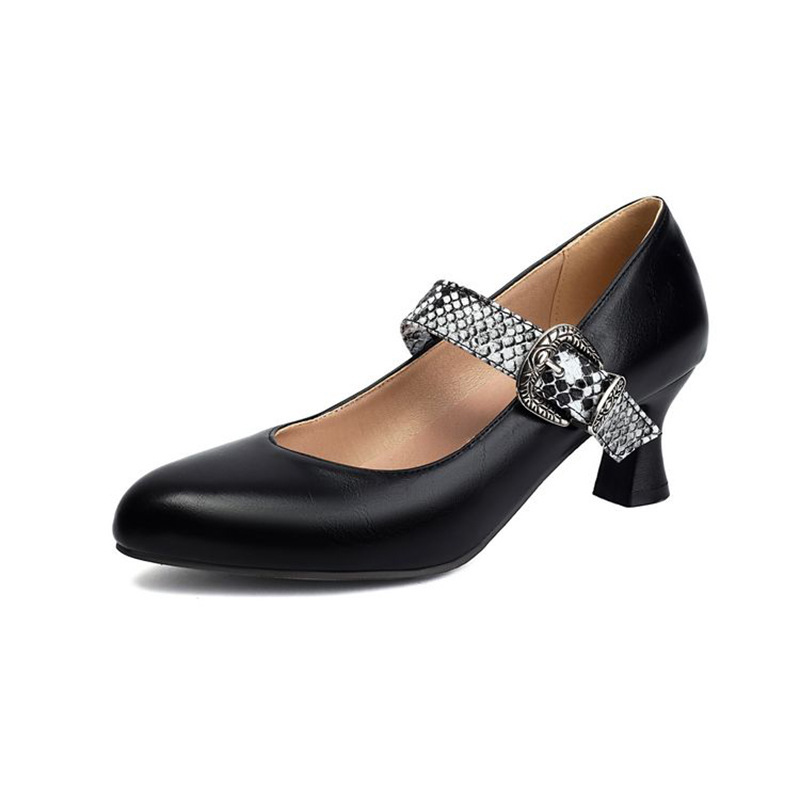 Color matching buckle pointed toe heel women's shoes plus size spring and autumn single-layer shoes Mary Jane shoes foreign trade 33-6 Color matching buckle pointed toe heel women's shoes plus size spring and autumn single-layer shoes Mary Jane shoes foreign trade 33-6