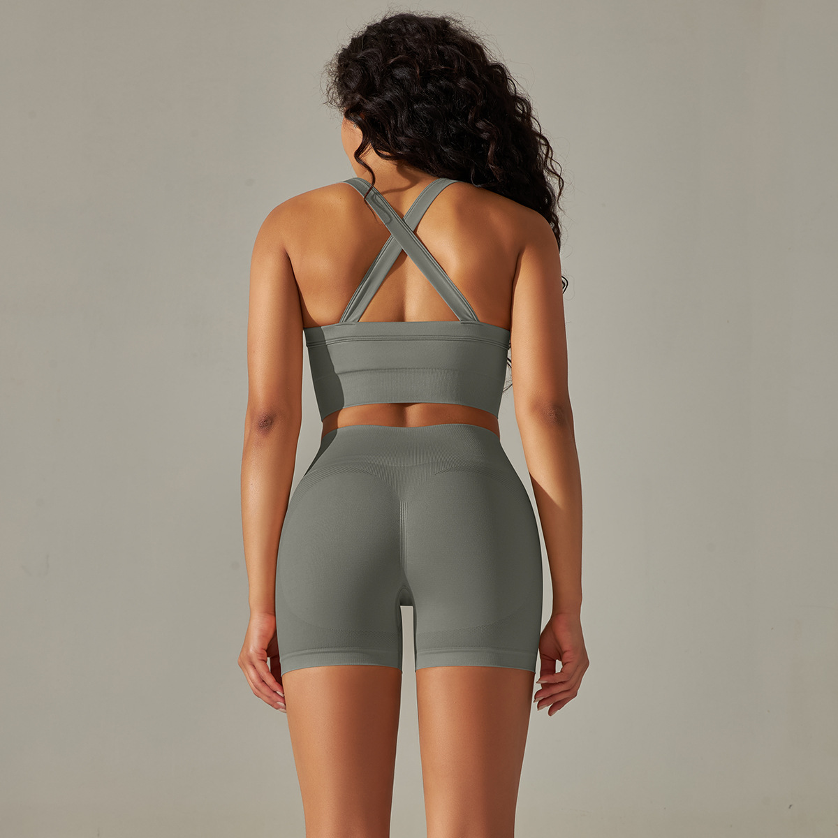 Seamless Peach Five-Piece Solid Color High-Waist Tight Jacquard Back Bra Vest Yoga Pants Set_voghion.com