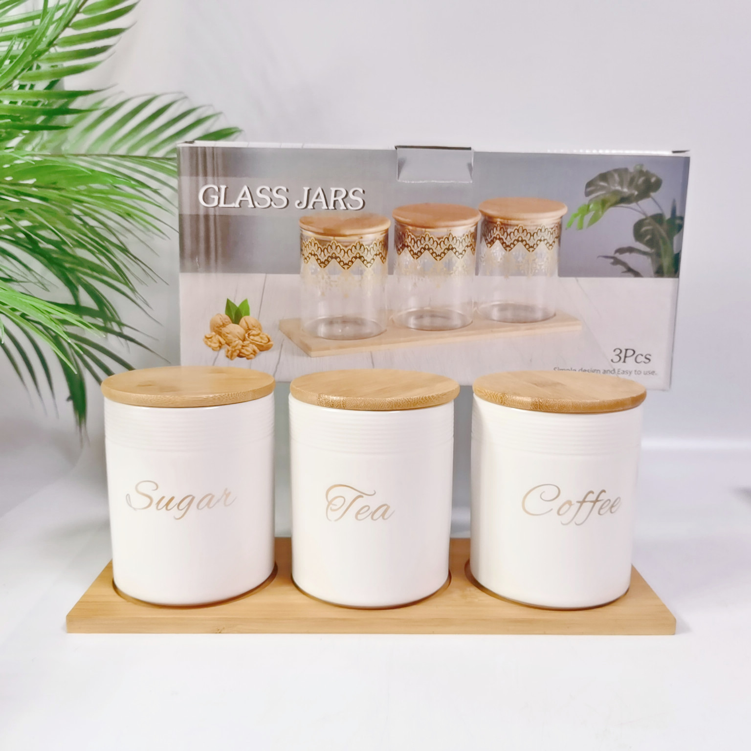 Comercio exterior transfronterizo Oriente Medio Exportar tarro sellado de cerámica con tapa de madera tarro de almacenamiento condimento de cocina tarro de té de café tarro