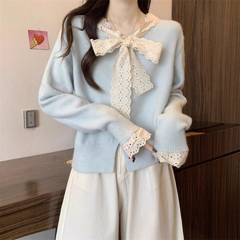 Milky Blue Bow Knitted Cardigan Sweater for Women, Loose Spring and Autum Chic and Fashionable Outer Top