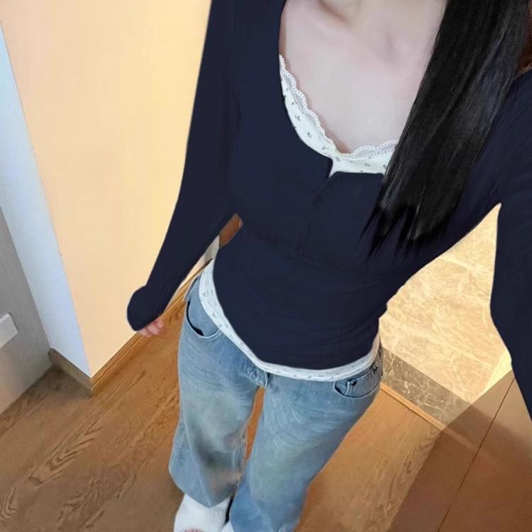 小个子碎花假两件打底衫女生秋季修身长袖t恤甜辣早秋chic上衣|undefined