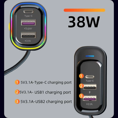Cross-border new car usb charger snap-on car rear porous wired mobile phone 66W super fast charging (Mobil şarj cihazları) - yq1-black