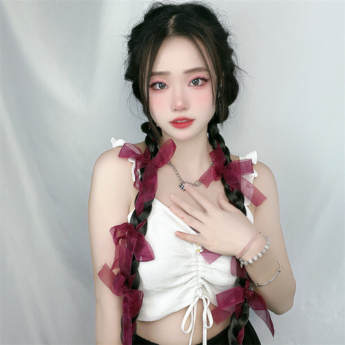 Female Hair Extension Braids with Satin Ribbons and Bow - Factory New Hot Hair Mechanism Double Ponytail - Dropshipping One Piece