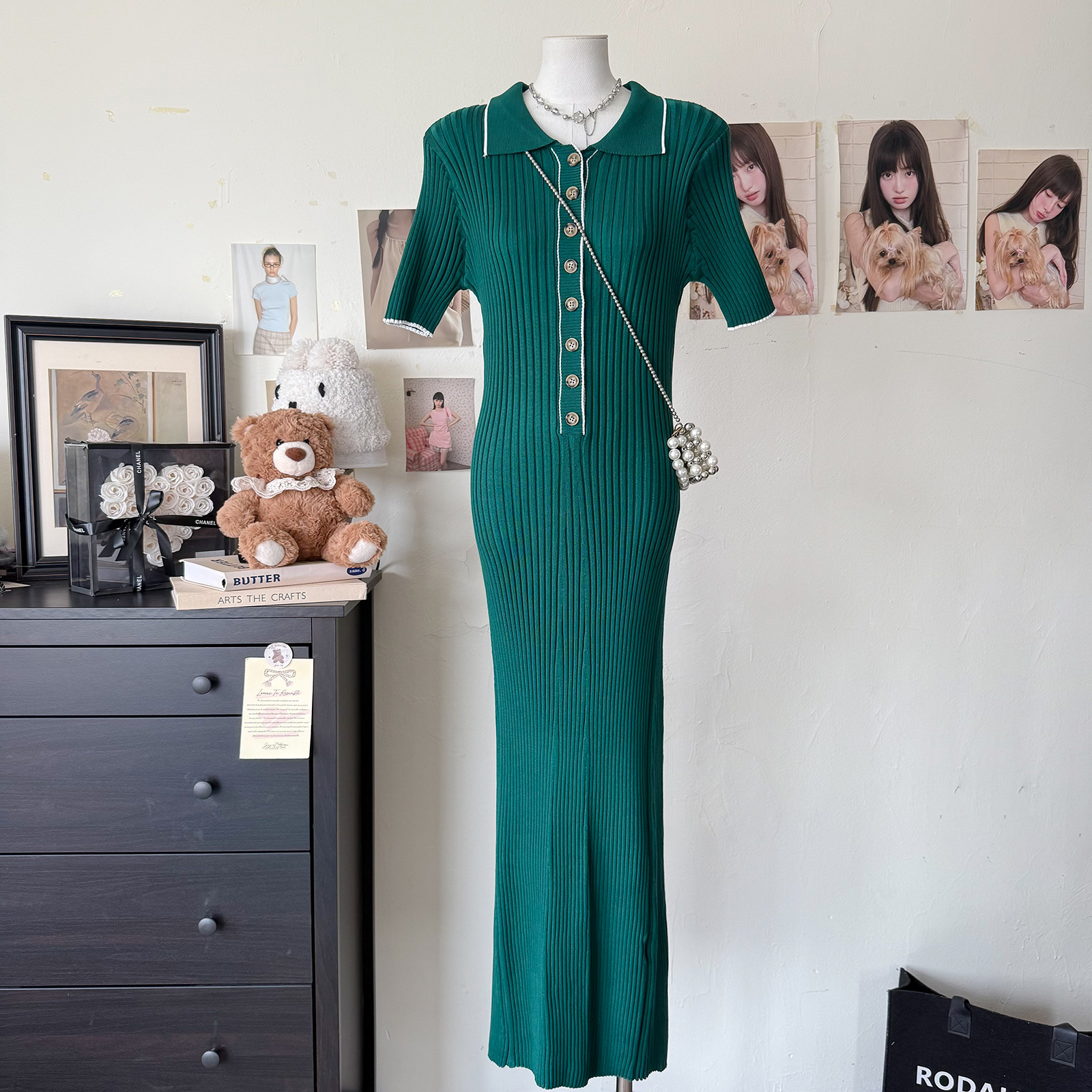 Women's Short-Sleeve Turn-Down Collar Knit Dress, Cross-Border 2025 Spring/Summer New European And American Style Ribbed_ecoleips.com