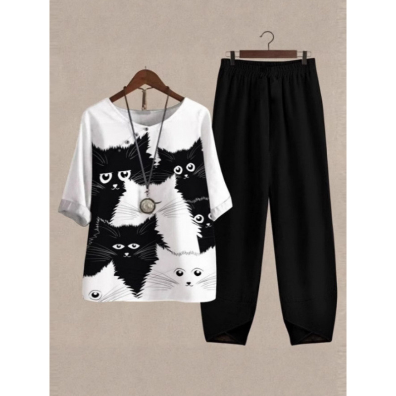 Europa y Estados Unidos trajes casuales de mujer transfronterizos de moda explosiva verano nuevo cinco mangas impresión chaqueta pantalones dos piezas