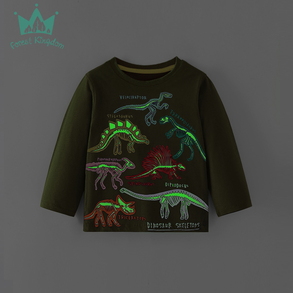2025 New Autumn Winter Children's Long Sleeve T-Shirt Cartoon Dinosaur Glow-in-the-Dark Print Boys' Crew Neck Top_voghion.com