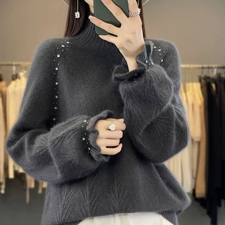 100%纯羊毛衫女宽松慵懒高领公主袖重工镶钻加厚保暖毛衣打底衫