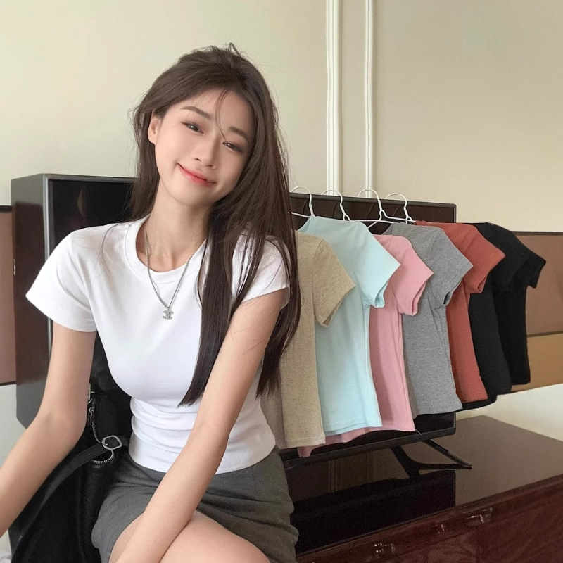 Cross-Border Korean Style Black Round Neck Right Shoulder Short-Sleeved T-Shirt for Women Summer New Slim Slim Short Top for Small People Cross-Border Korean Style Black Round Neck Right Shoulder Short-Sleeved T-Shirt for Women Summer New Slim Slim Short Top for Small People
