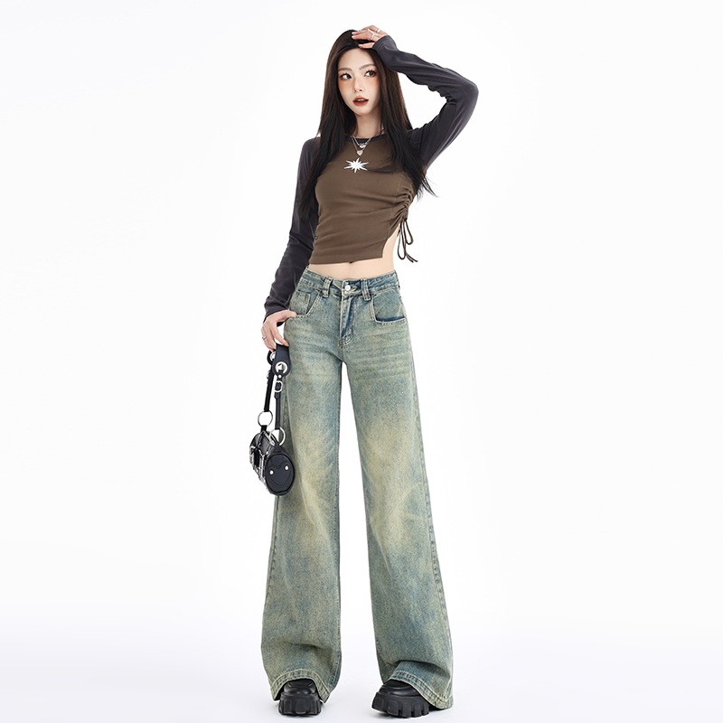 American retro square-pocket vintage wide-leg jeans, low-waisted straight-leg floor-length pants for trendy girls, extra-long & full-length pants