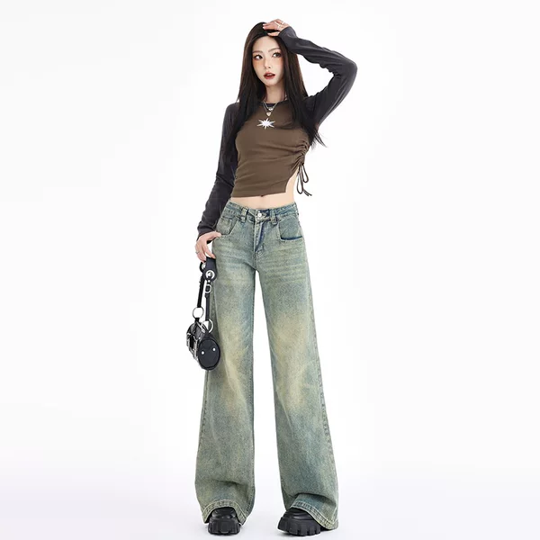 American retro square-pocket vintage wide-leg jeans, low-waisted straight-leg floor-length pants for trendy girls, extra-long & full-length pants