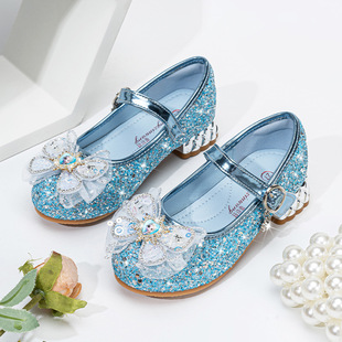 Princess Elsa Shoes 2025 Spring and Autumn New Style Girls' Crystal Shoes Baby Velcro Flats Blue Children's High Heels