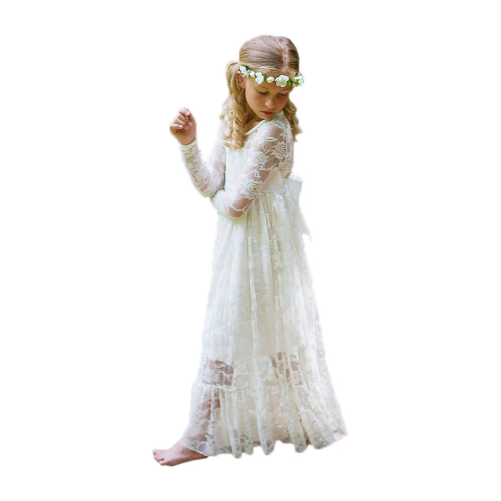 Vestido de novia para niñas, estilo europeo y americano, de encaje, manga larga, vestido de hada, vestido largo para cumpleaños y actuaciones.
