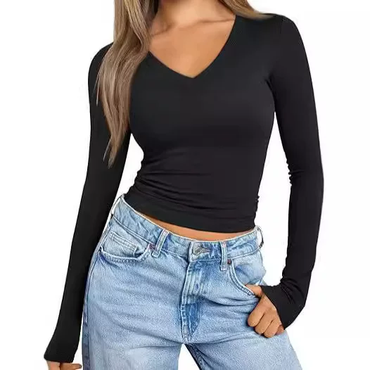Popular European and American Style V-Neck T-Shirt, Slimming Long-Sleeve Top, Fitted Milk Silk Base Shirt for Women, High-End Inner Wear