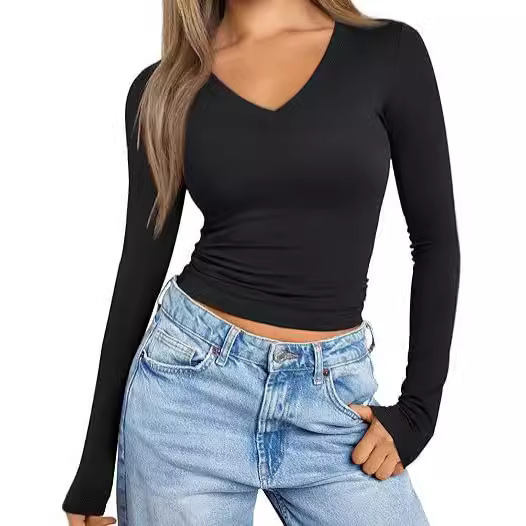 Popular European and American Style V-Neck T-Shirt, Slimming Long-Sleeve Top, Fitted Milk Silk Base Shirt for Women, High-End Inner Wear Popular European and American Style V-Neck T-Shirt, Slimming Long-Sleeve Top, Fitted Milk Silk Base Shirt for Women, High-End Inner Wear