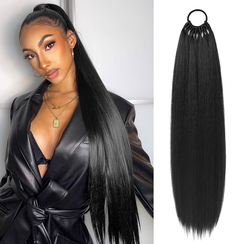 Cross-border synthetic fiber hair ponytail 24 inch extended braid elastic black ponytail extended long straight hair braid