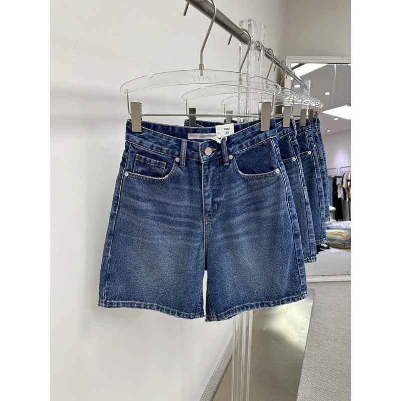 European-Style Blue Denim Shorts for Women, 2025 Summer, Loose Fit, Slimming, Vintage Washed, Hong Kong Style, Straight Mid-Length Shorts