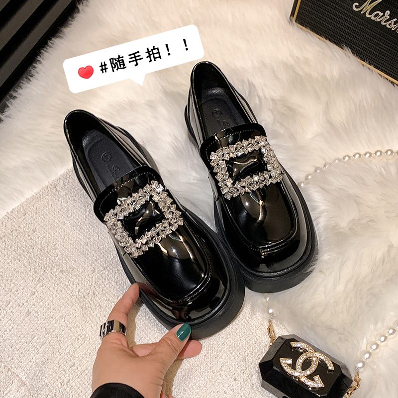 Rhinestone Square Buckle Thick-Soled Loafers for Women 2025 Autumn and Winter New Round-Toe Thick-Heeled British-Style Small Leather Shoes