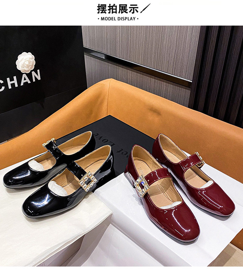Giày Mary Jane nữ quai ngang đính đá gót thô 3–5 cm mũi vuông — Màu đen, Màu đỏ chi tiết 22
