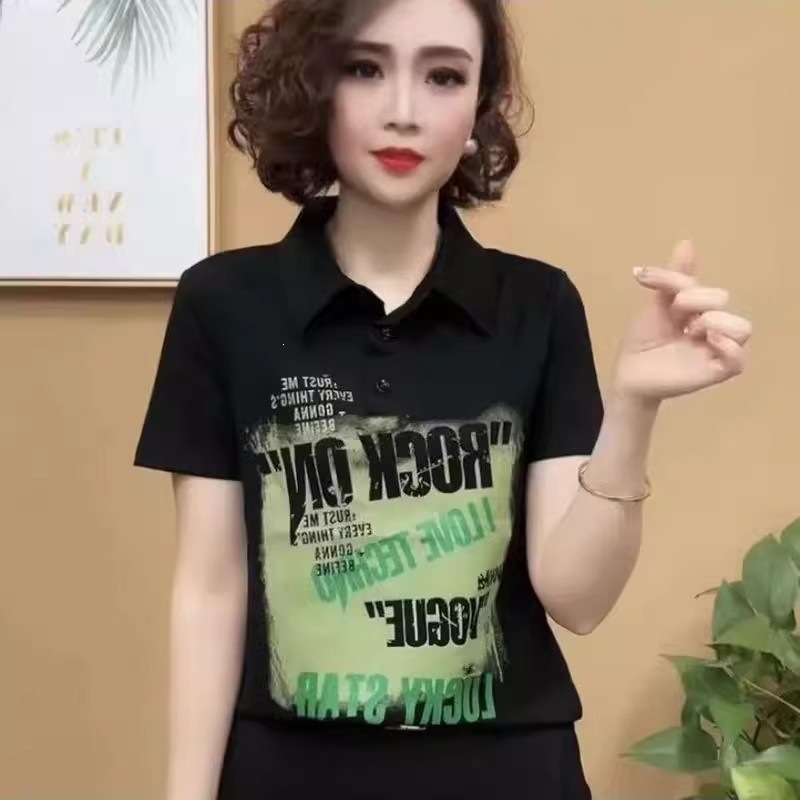 跨境年短袖T恤夏季新款休闲妈妈装上衣中年女洋气减龄显瘦打底衫
