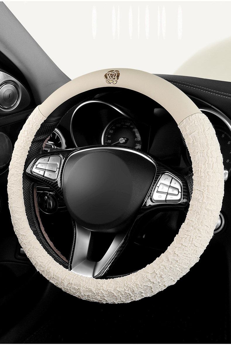New All-Season Camellia Car Steering Wheel Cover, Delicate, Breathable and Wear-Resistant Pebbled Leather Soft Handle Cover