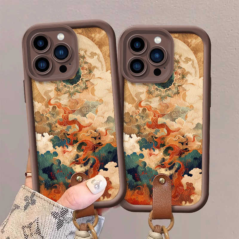 小清新适用iPhone16手机壳复古小羊皮苹果17带挂绳Reno14全包软壳|undefined