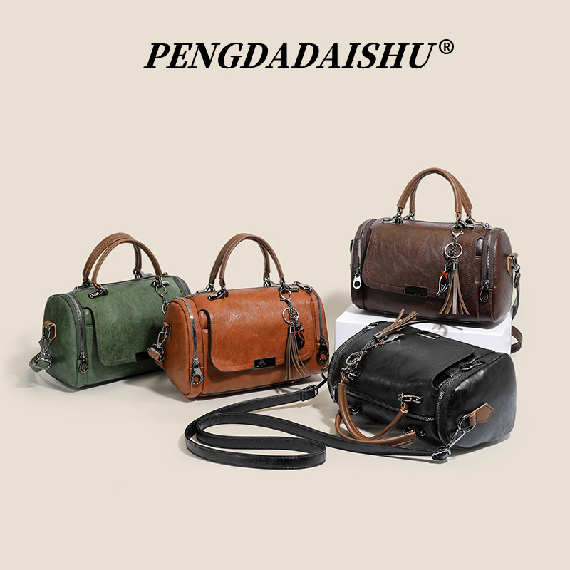 Retro Tassel Cylinder Bag Handbag Crossbody Bag Large Capacity Boston Pillow Bag Commuter Casual Women's Bag Versatile Style - Thumbnail 2