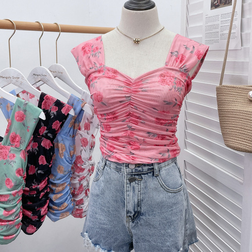 Navel-baring floral mesh camisole travel short style small square neck outer wear pleated sleeveless top 8871