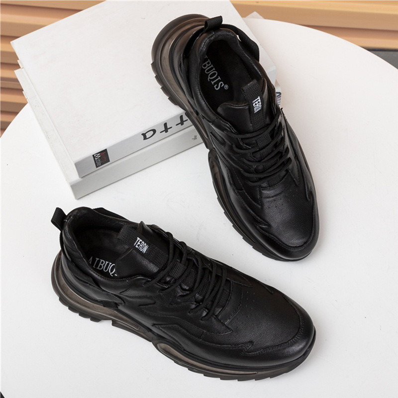 新款頭層牛皮男士皮鞋 系帶休閒舒適運動鞋 時尚潮流休閒厚底皮鞋