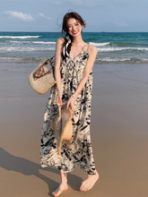 水墨画碎花法式碎花吊带连衣裙女三亚夏季海边旅游度假沙滩长裙子